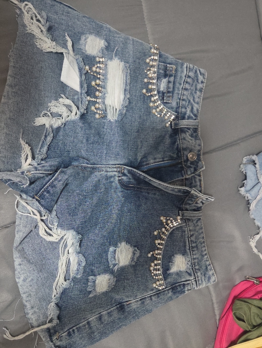 Rhinestone Distressed Denim Women’s Shorts - Blue